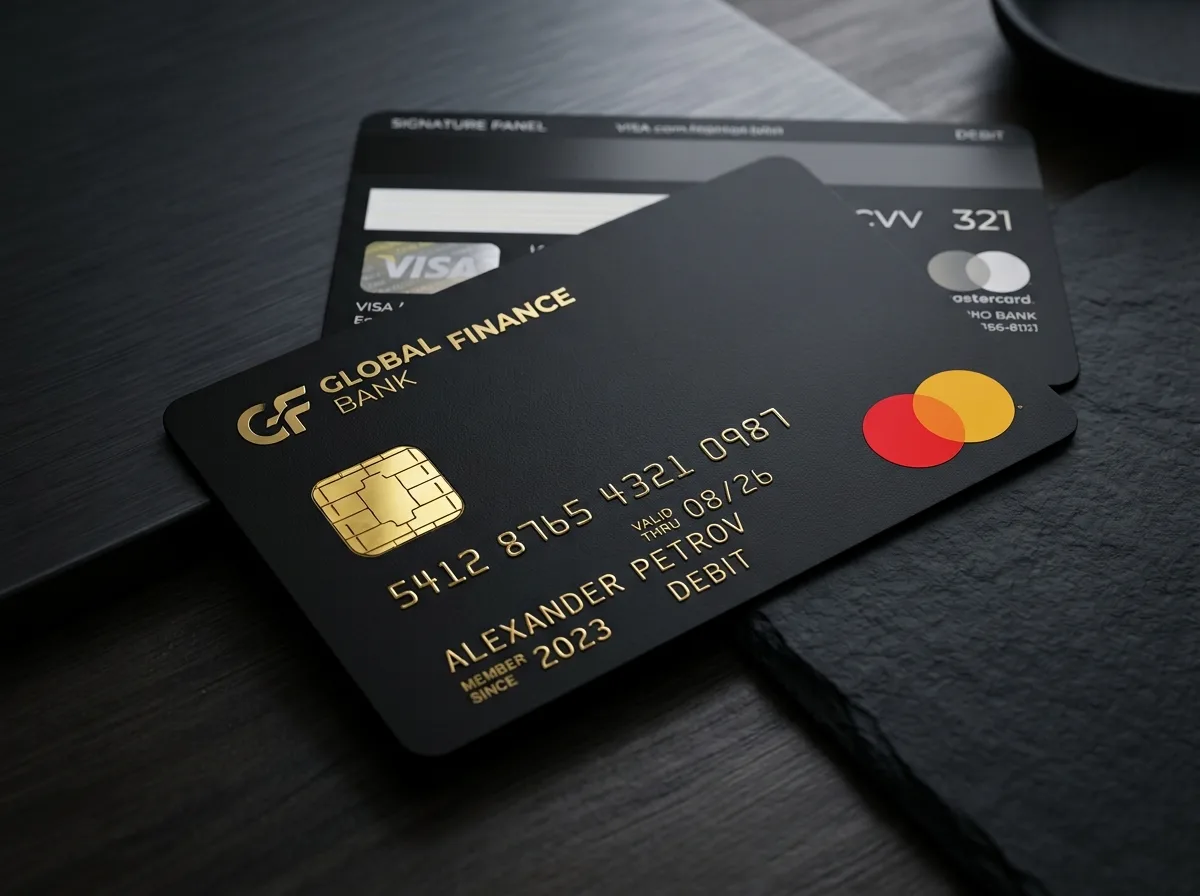 Пластиковая карта Visa Mastercard иностранного банка — чёрный пластик с золотым чипом, на тёмном фоне, минималистичный финтех стиль